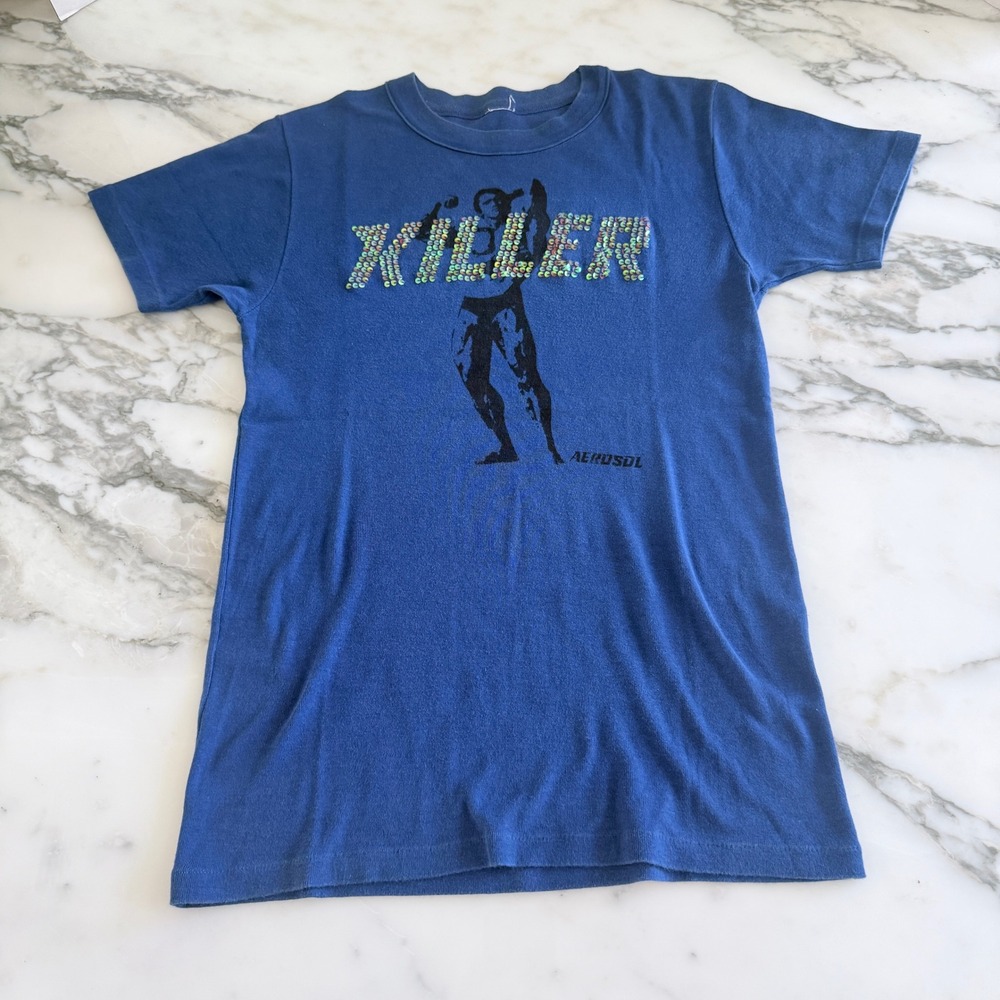 Vintage Aerosol Killer Bodybuilder Sequin Graphic T-Shirt Blue Slim Fit Small